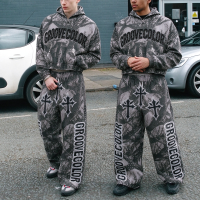 Custom Streetwear Tree Camo Print Cropped Hoodie Wide Leg Pants Set Manufacturer