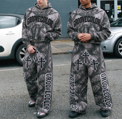 Custom Streetwear Tree Camo Print Cropped Hoodie Wide Leg Pants Set Manufacturer