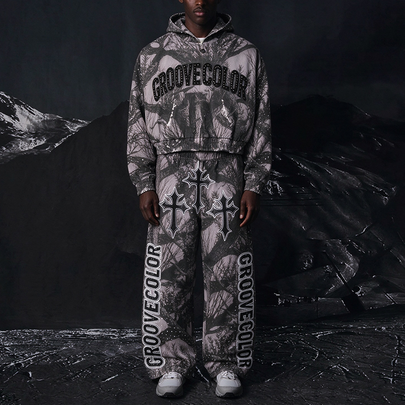 Custom tree camo cropped hoodie wide‑leg pants set rib hem & print detail close‑up view