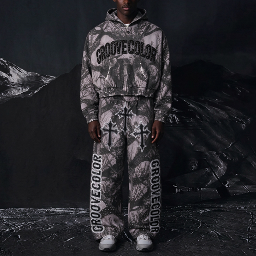 Custom Streetwear Tree Camo Print Cropped Hoodie Wide Leg Pants Set Manufacturer
