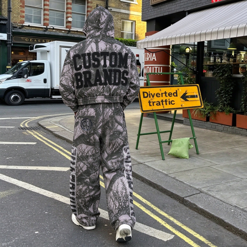 Custom Streetwear Tree Camo Print Cropped Hoodie Wide Leg Pants Set Manufacturer