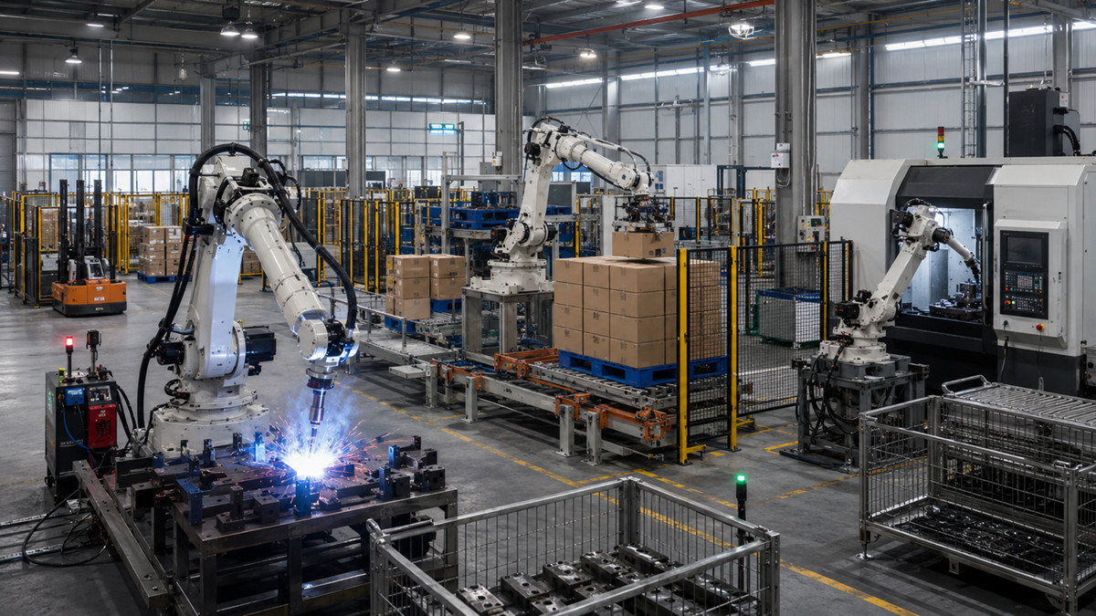 Industrial robots performing welding, palletizing and CNC machine tending in a modern factory