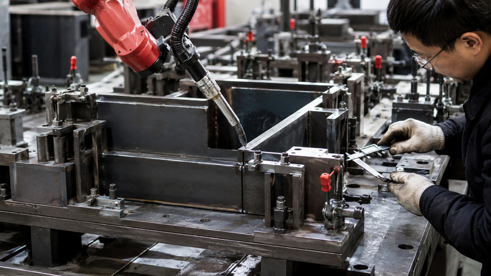 The engineer inspected the clearance, positioning and clamping status of the parts in the robot welding fixture.