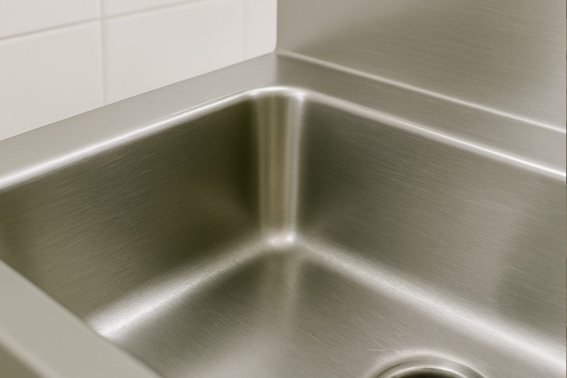 Close-up of polished stainless steel medical sink surface showcasing durability