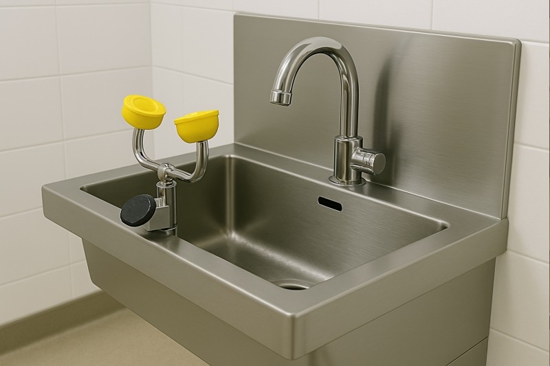 Stainless steel medical sink with integrated eye-wash station in a clinical setting
