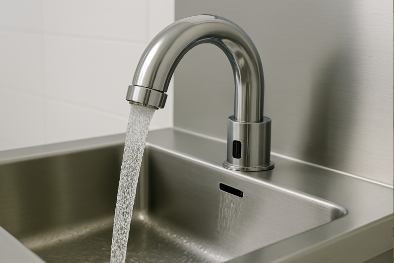 Close-up of infrared sensor faucet on a stainless steel medical sink