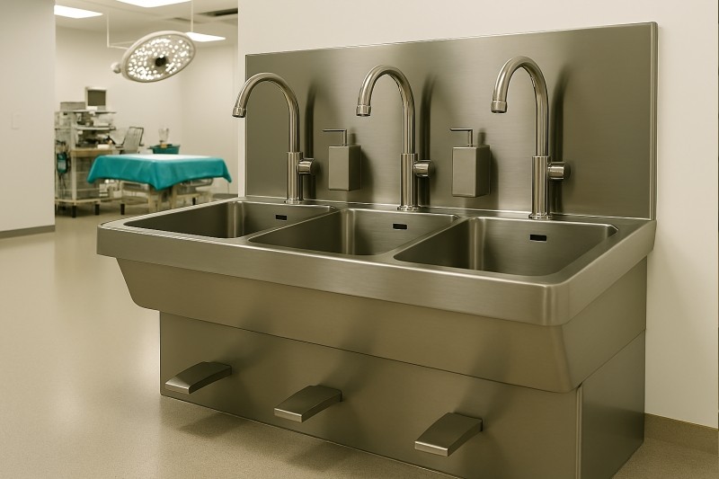 Freestanding triple-station stainless steel medical sink in an operating theater