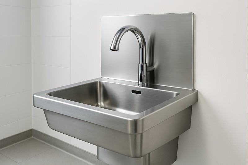 Single-station stainless steel medical sink with sensor faucet in a modern clinic