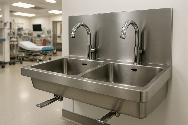 Double-station stainless steel medical sink with knee-operated levers in a hospital emergency room