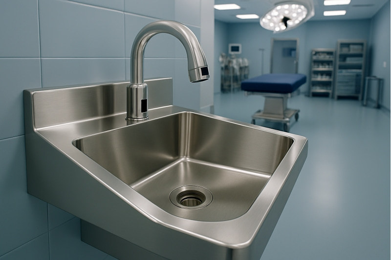 Stainless steel medical sink in a healthcare setting