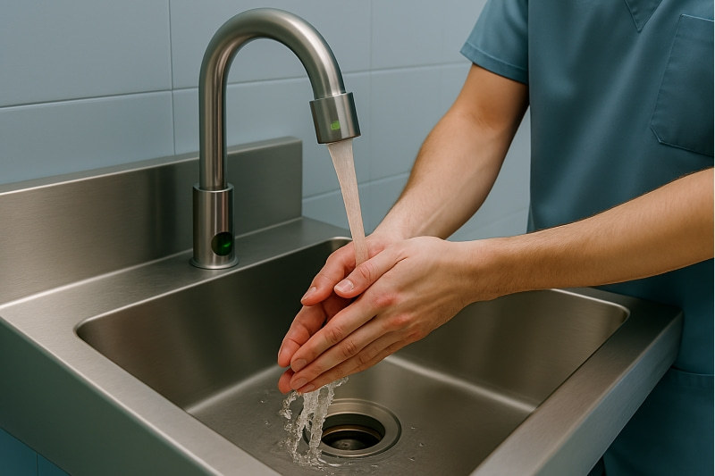 Hands-free medical sink with sensor faucet