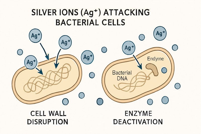 Scientific illustration of silver ions disrupting bacterial cells