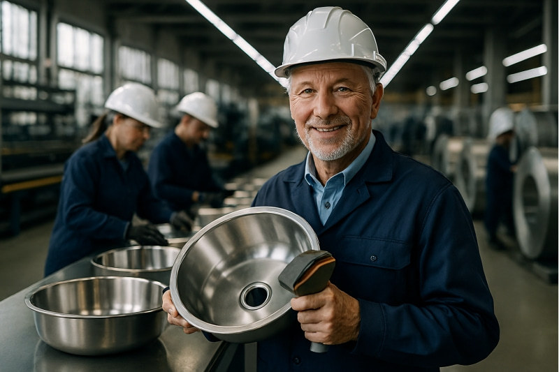 Engineers inspecting antimicrobial stainless steel sheets in a modern factory