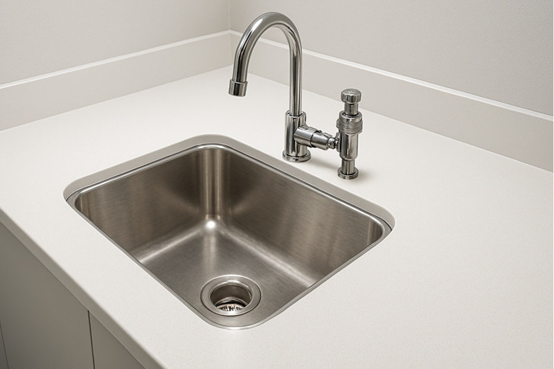Undermount stainless steel utility sink installed beneath a laboratory countertop