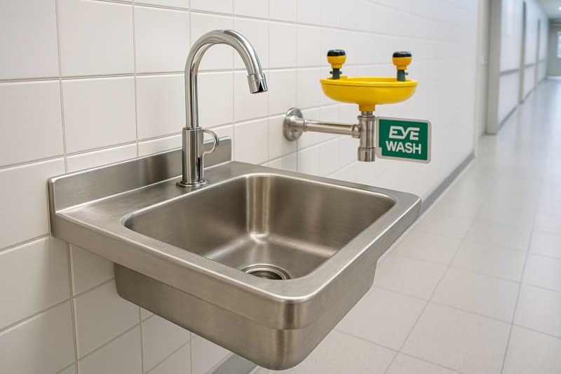 Wall-mounted stainless steel utility sink in a hospital corridor