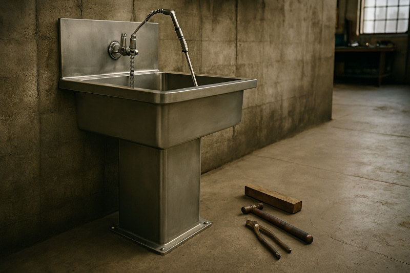 Freestanding stainless steel utility sink in an industrial workshop
