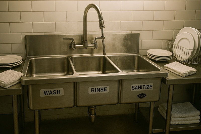 Triple compartment stainless steel sink in a commercial kitchen complying with NSF/ANSI 2 standards