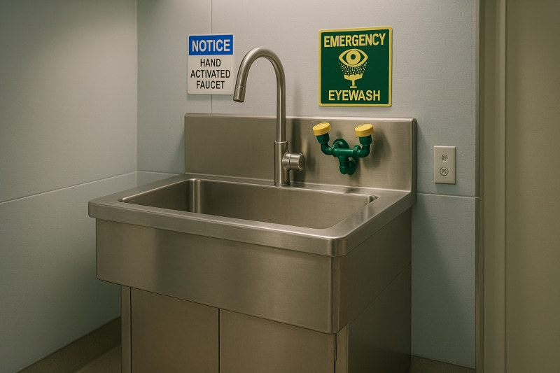 Medical-grade stainless steel sink with sensor faucet and integrated eyewash station in a hospital setting