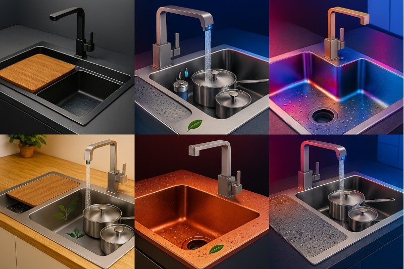 Visionary collage of innovative stainless steel sinks in various styles, from matte black to colorful custom designs, integrated with smart tech and eco elements, inspiring modern kitchen transformation