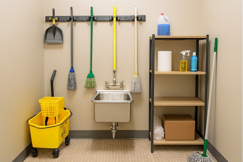 A well-organized janitorial closet with a mop sink, wall-mounted mop holder, and utility shelf.
