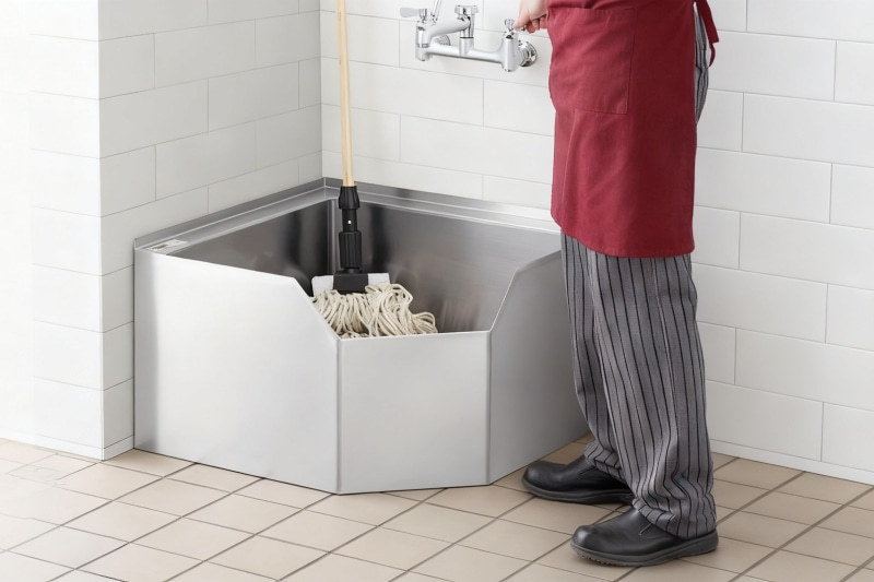 A compact, stainless steel corner mop sink neatly installed in a small utility room.