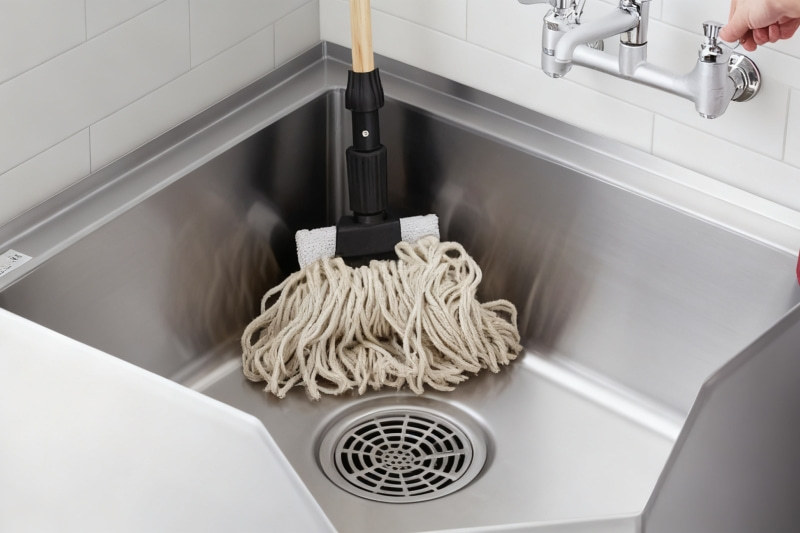 A detailed shot of a commercial mop sink's coved corner and drain with a strainer.