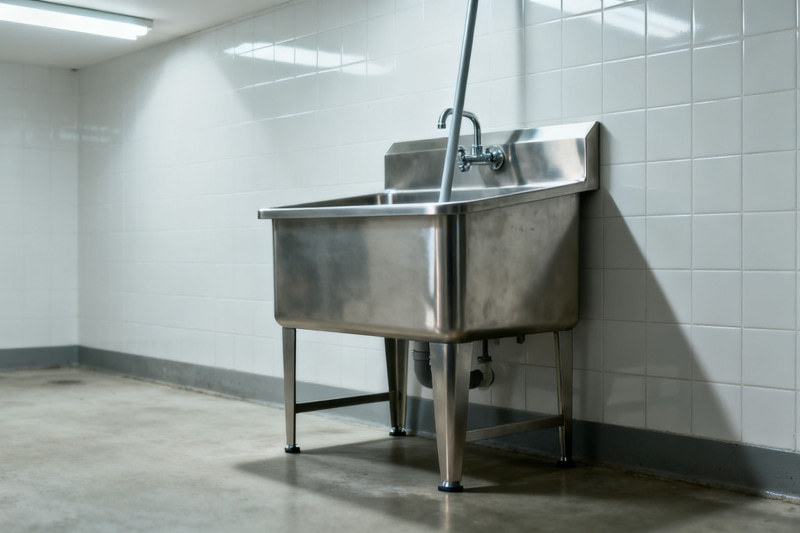 A sturdy, floor-mounted stainless steel commercial mop sink in a clean utility closet.