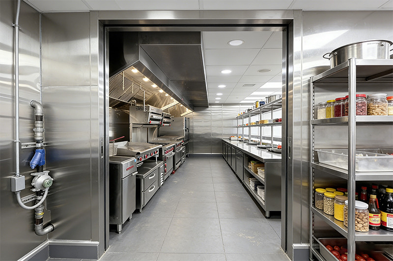 A busy commercial kitchen showing various stainless steel stations, including sinks and racks