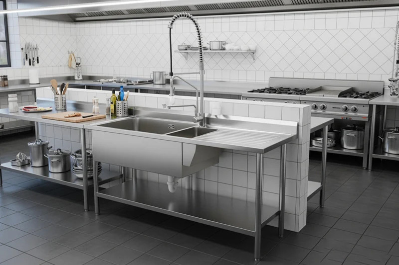 Fully equipped stainless steel handwashing station with mixing faucet, soap dispenser, paper towels, and employee hand wash signage