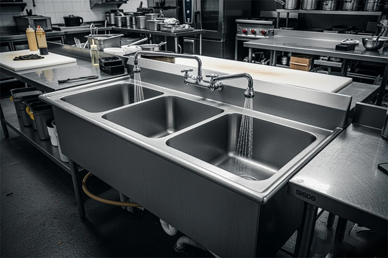 Heavy-duty commercial stainless steel sink demonstrating durability against dents, corrosion, and high temperatures in a restaurant environment.