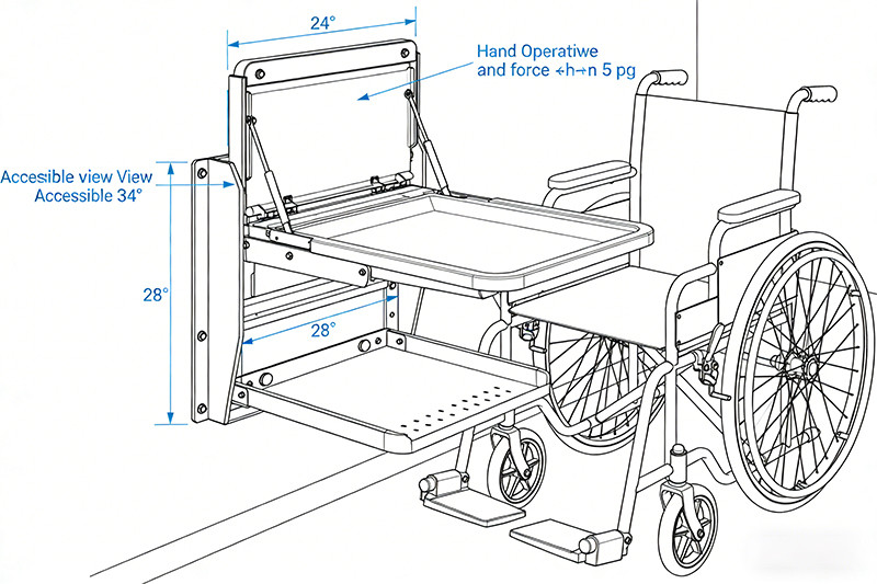 Diagram of an ADA-compliant baby changing station showing the open changing surface at 28-34 inches high with knee and toe clearance underneath