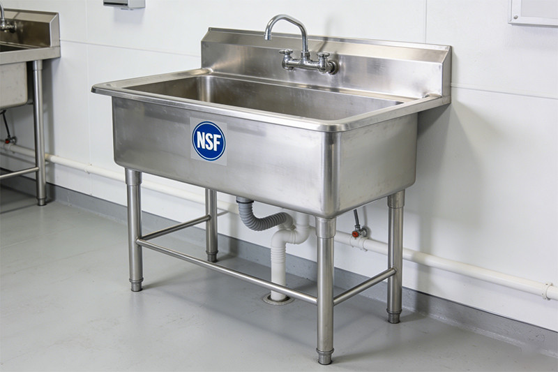 NSF-certified stainless steel commercial mop sink with certification logo clearly visible
