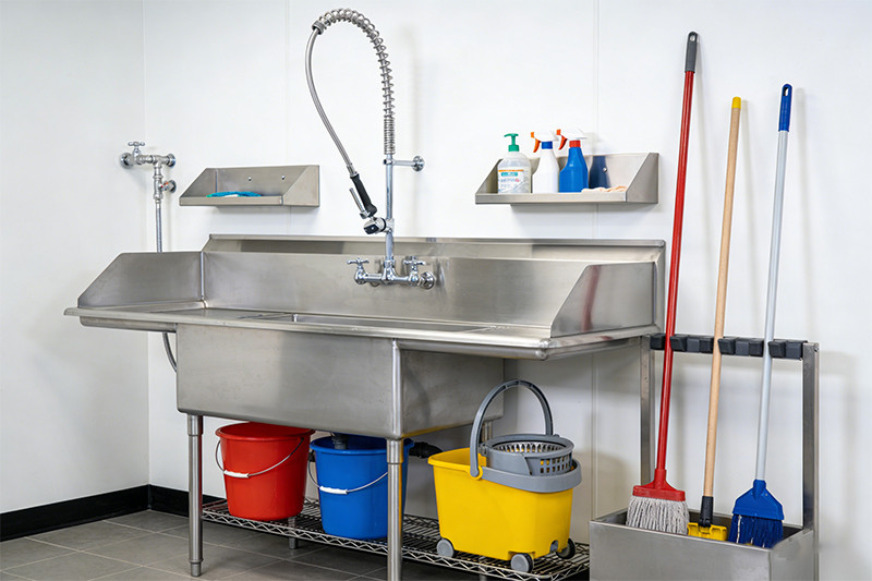 Spotless and well-maintained stainless steel commercial mop sink