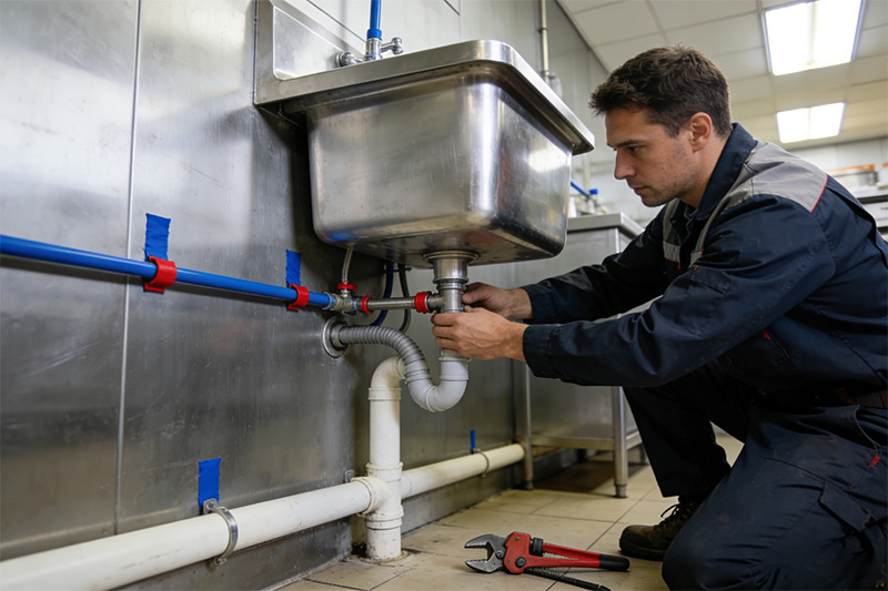 Professional plumber installing a commercial stainless steel mop sink