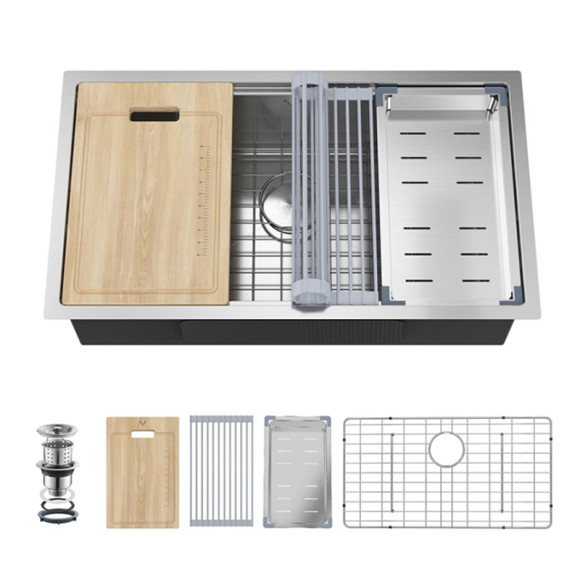 SUS304 Stainless Steel Kitchen Sink with Draining rack – Handmade Single Bowl Workstation Sink