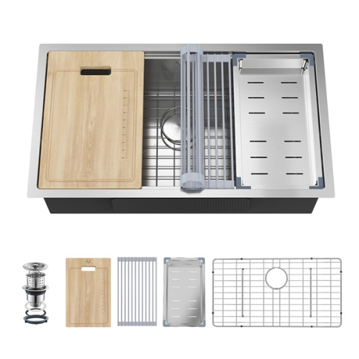 SUS304 Stainless Steel Kitchen Sink with Draining rack – Handmade Single Bowl Workstation Sink