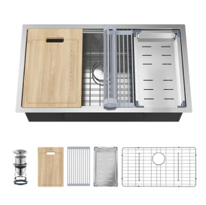 SUS304 Stainless Steel Kitchen Sink with Draining rack – Handmade Single Bowl Workstation Sink