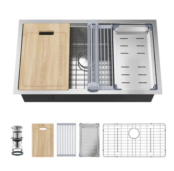 SUS304 Stainless Steel Kitchen Sink with Draining rack – Handmade Single Bowl Workstation Sink