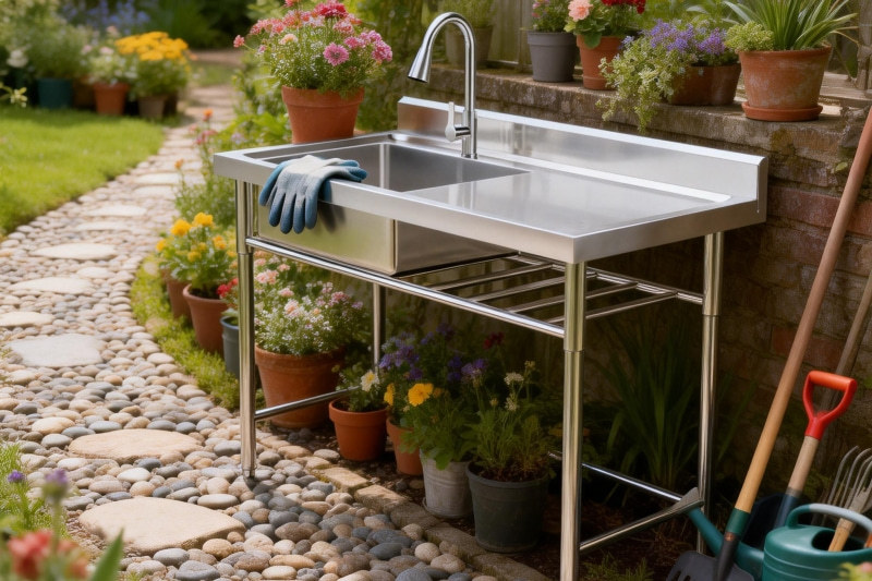 Stainless Steel Outdoor Kitchen Sink Stainless steel outdoor sink with work table.