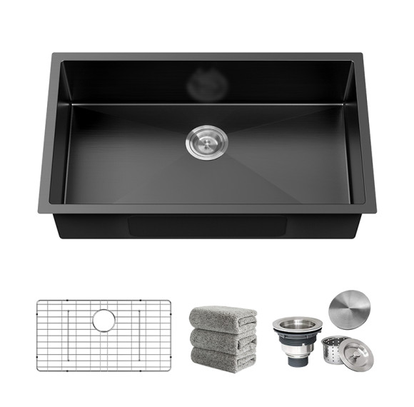 30" Black Workstation Undermount Kitchen Sink 16 Gauge Deep Single Bowl