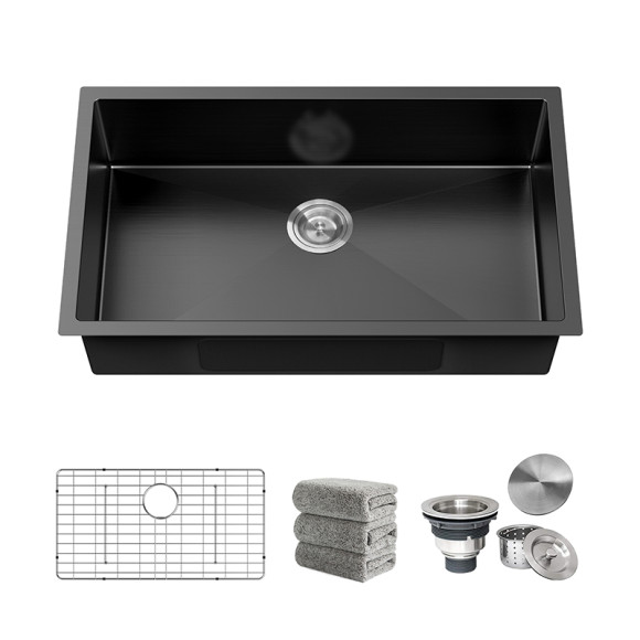 30" Black Workstation Undermount Kitchen Sink 16 Gauge Deep Single Bowl