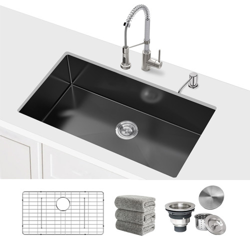 30" Black Workstation Undermount Kitchen Sink 16 Gauge Deep Single Bowl