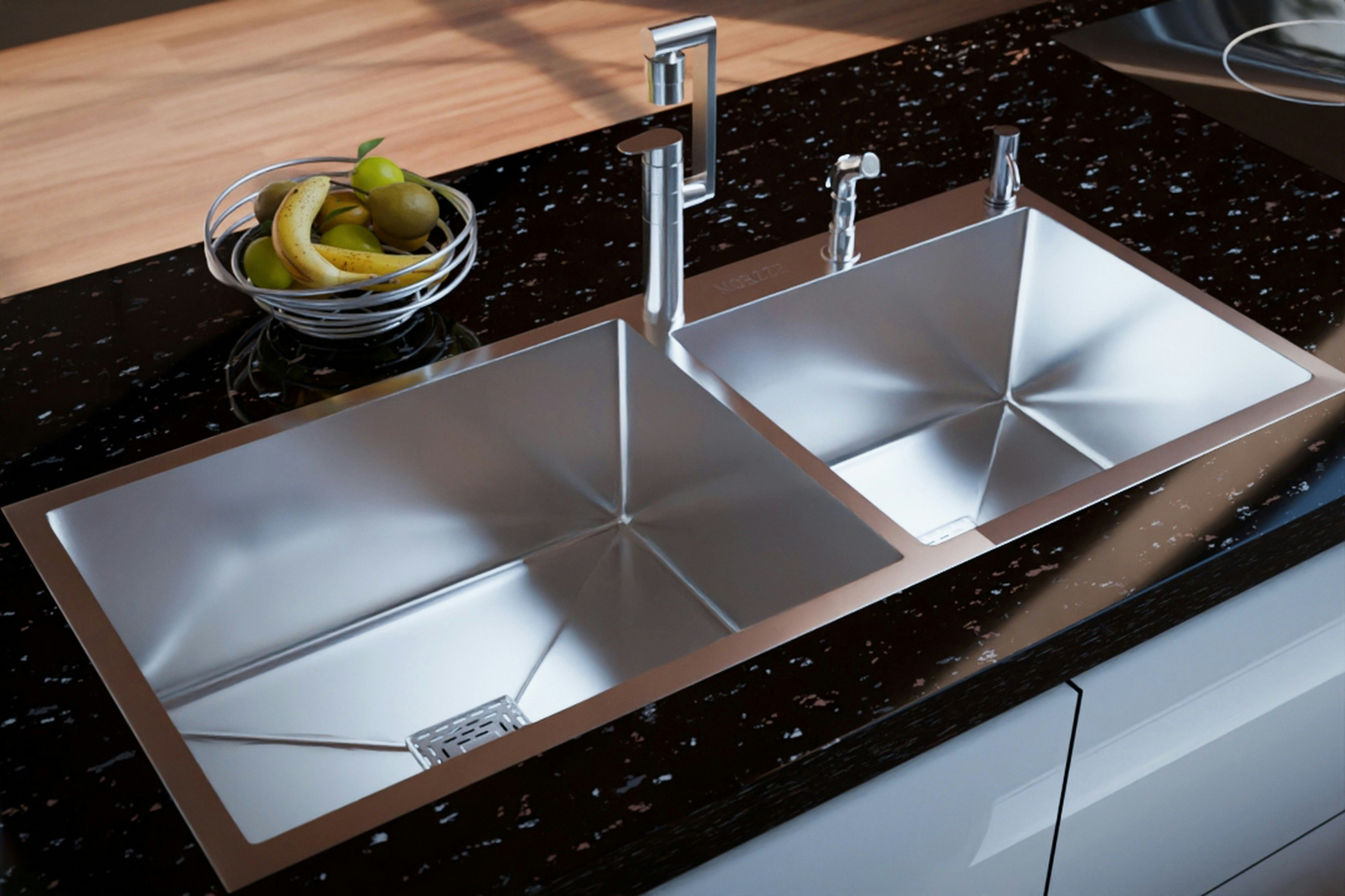 A modern kitchen with a sleek, integrated 16 gauge double trough stainless steel sink.