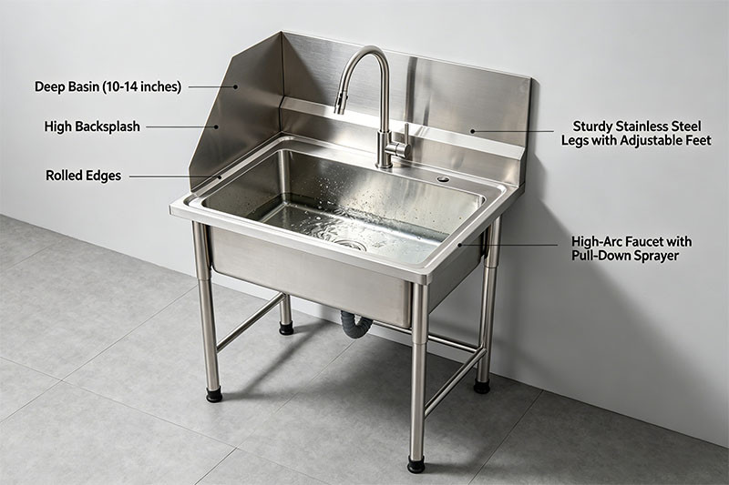 A commercial stainless steel slop sink highlighting its deep basin and high backsplash