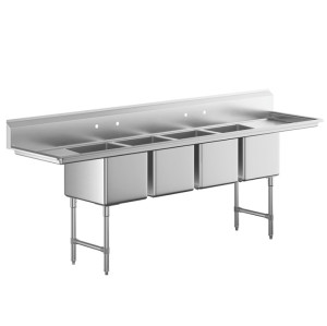 Four Compartment Commercial Sink with Two Drainboards and Sink Bowls