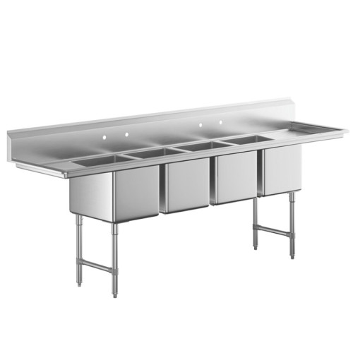 Four Compartment Commercial Sink with Two Drainboards and Sink Bowls