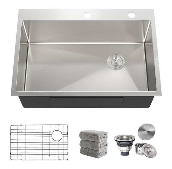 30"x22" Top Mount Kitchen Sink | 16 Gauge R10 Single Bowl Stainless Steel Sink & 4 Accessories