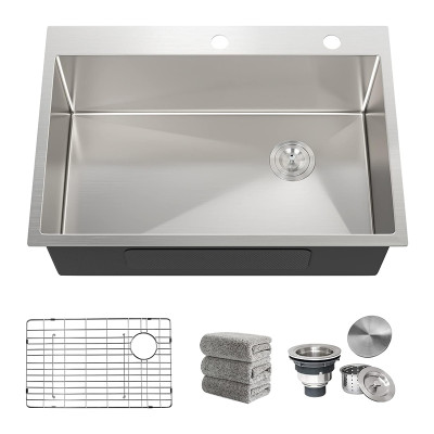 30"x22" Top Mount Kitchen Sink | 16 Gauge R10 Single Bowl Stainless Steel Sink & 4 Accessories