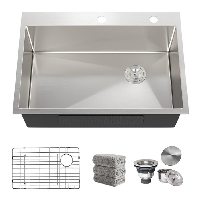 30"x22" Top Mount Kitchen Sink | 16 Gauge R10 Single Bowl Stainless Steel Sink & 4 Accessories