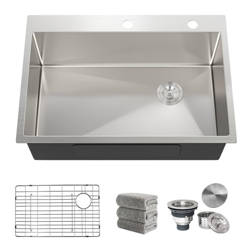 30"x22" Top Mount Kitchen Sink | 16 Gauge R10 Single Bowl Stainless Steel Sink & 4 Accessories